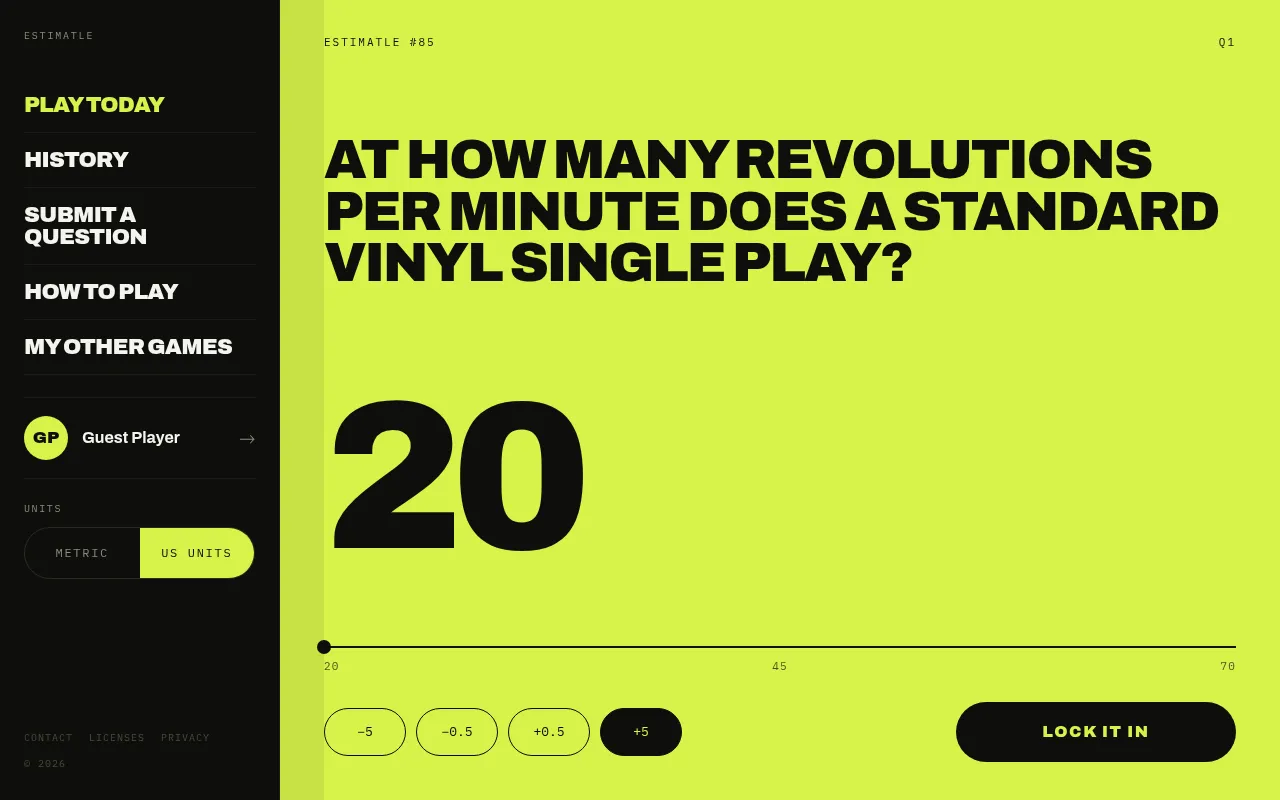 Estimatle #85, question 1 on a desktop: how many revolutions per minute a standard vinyl single plays at, with a slider from 20 to 70, step buttons and a Lock it in button