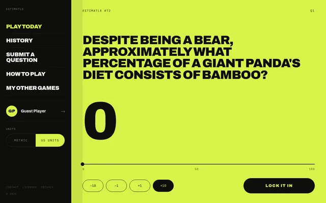 Estimatle #72, question 1: what percentage of a giant panda's diet is bamboo, with a slider from 0 to 100, step buttons and a Lock it in button