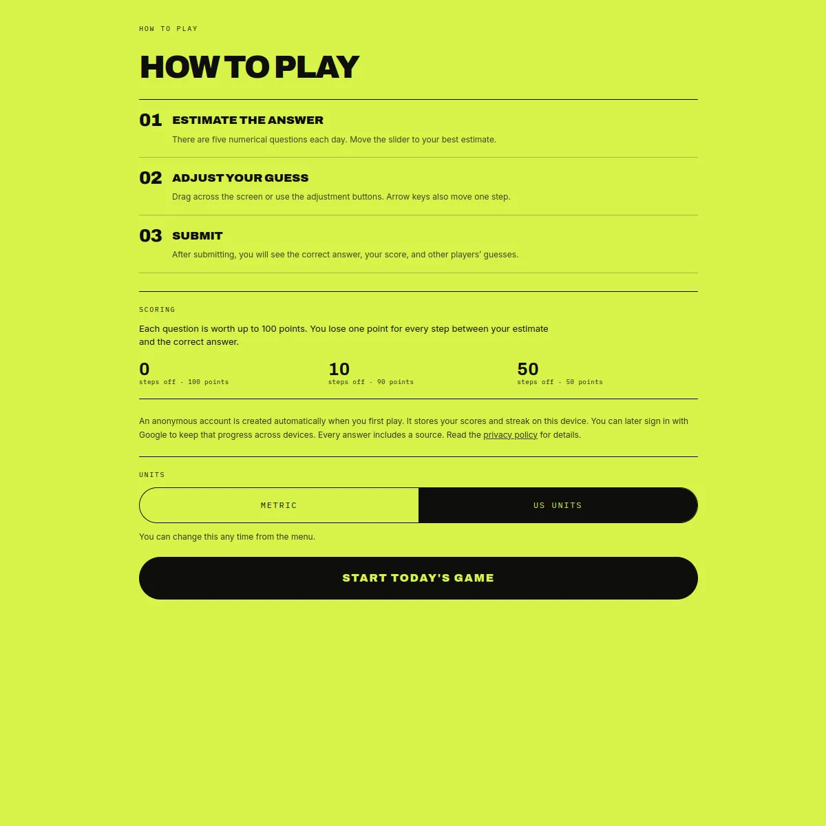 Estimatle How to Play page with the three steps, the scoring rules and the unit switch