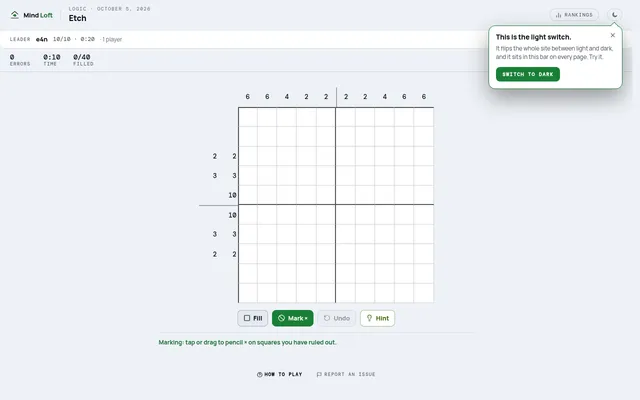Etch's daily 10 by 10 nonogram, empty, with its row and column clues and the Fill and Mark tools