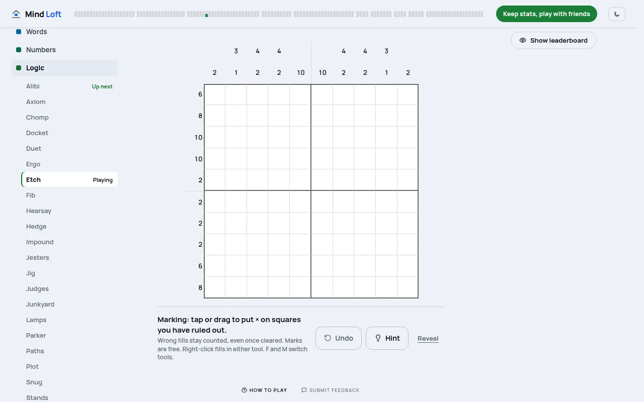 Etch's 19 Oct daily 10 by 10 nonogram before the first move, with its row and column clues and Mind Loft's Logic menu