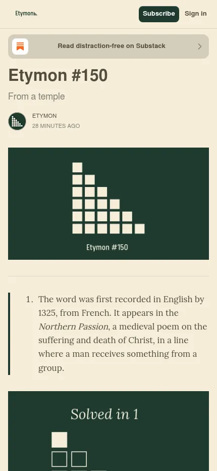 Etymon #150 on a phone: the post title, the tile staircase card and clue 1 about a word first recorded in English by 1325, above its Solved in 1 banner