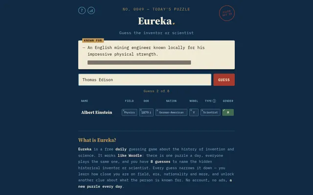 Eureka puzzle No. 0049 on desktop after one guess: Albert Einstein's row checked on field, birth year, nation, Nobel, type and gender, with the first Known For clue revealed