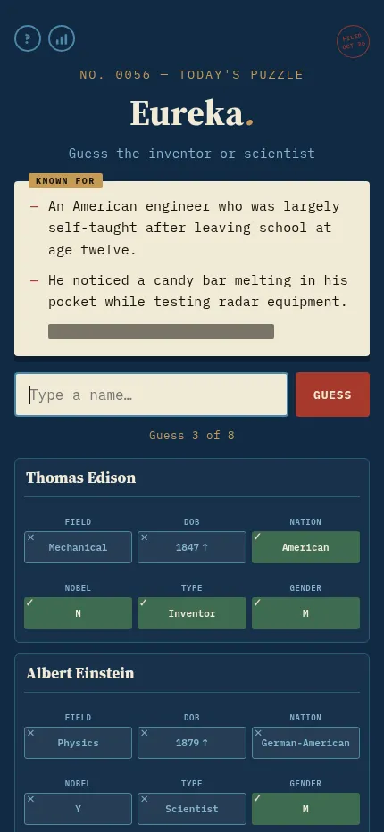Eureka No. 0056 at phone size after two guesses: Thomas Edison and Albert Einstein as trait cards under two Known For clues