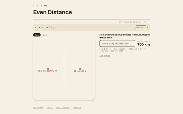 Even Distance Day 22 World round, leg 1 of 3: name a city the same distance from Los Angeles and London, solve under 700 km