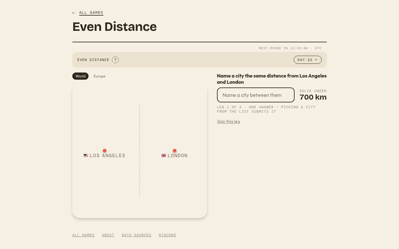 Even Distance Day 22 World round, leg 1 of 3: name a city the same distance from Los Angeles and London, solve under 700 km