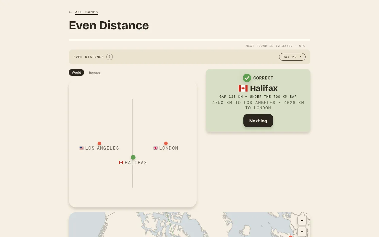 Even Distance leg solved with Halifax: 4750 km to Los Angeles and 4626 km to London, a 123 km gap under the 700 km bar