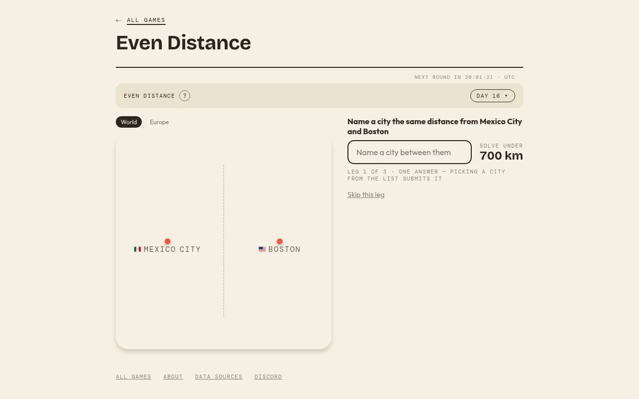 Even Distance World round, leg 1 of 3: name a city the same distance from Mexico City and Boston, solve under 700 km