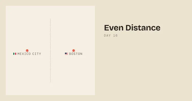 Even Distance Day 16 board: Mexico City and Boston on either side of a dashed halfway line