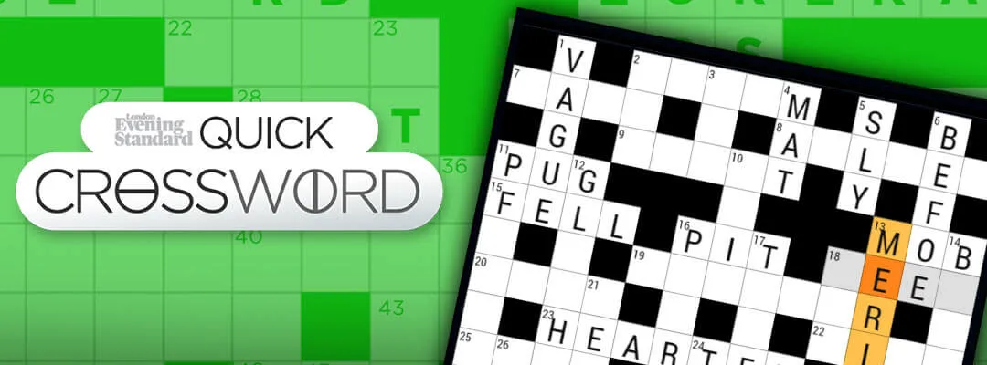 Evening Standard Quick Crossword promo art: the game's title beside a tilted crossword grid with answers such as VAGUE, PUG and HEARTEN filled in