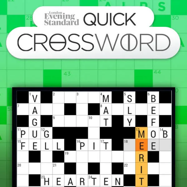 Evening Standard Quick Crossword art: the game's title over a crossword grid with answers such as VAGUE, PUG and HEARTEN filled in
