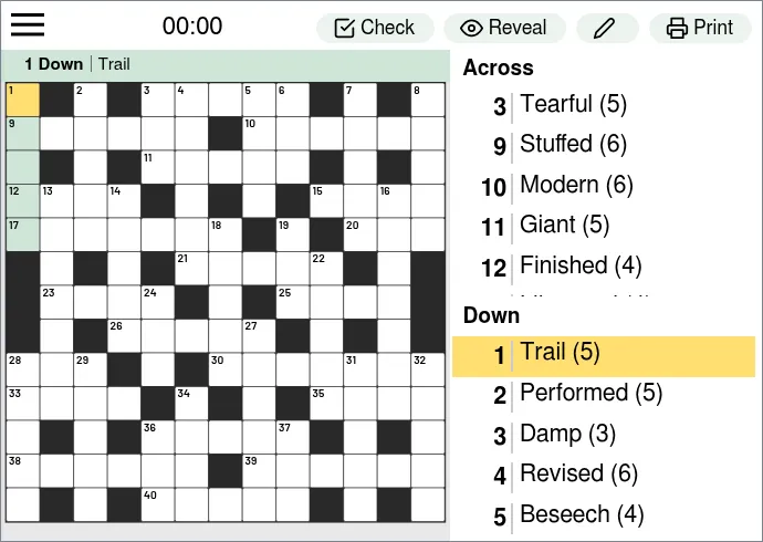 An Evening Standard Quick Crossword grid open in the browser: the empty 13 by 13 grid with its timer, Check, Reveal and Print buttons and the across and down clues