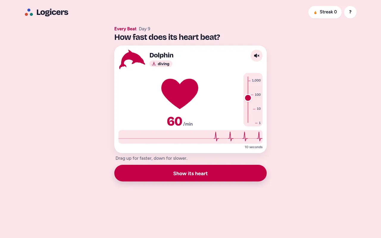 Every Beat day 9: a dolphin, diving, with the heart set at 60 beats a minute, the 1 to 1,000 scale and the Show its heart button