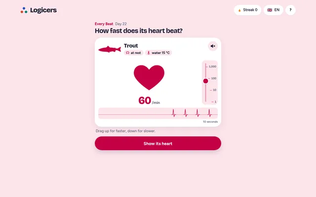 Every Beat day 22: a trout at rest in water at 15 °C, the heart set at 60 beats a minute, the 1 to 1,000 scale, a ten-second trace and the Show its heart button