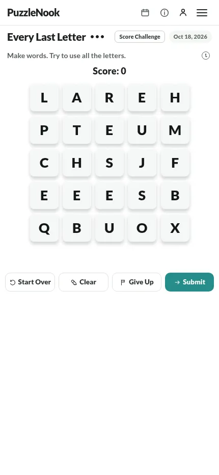 Every Last Letter on a phone: the Oct 18, 2026 letter grid with the Submit button below it