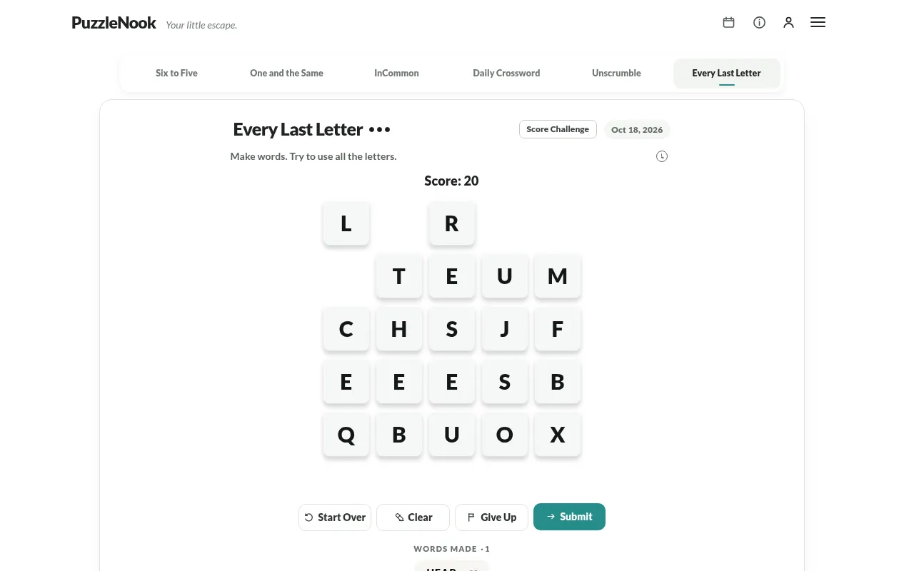 Every Last Letter mid-game: after the word HEAP its four tiles are gone from the grid and the score reads 20