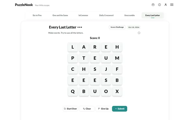 Every Last Letter board for Oct 18, 2026: a five by five grid of letter tiles with Score 0 and Start Over, Clear, Give Up and Submit buttons