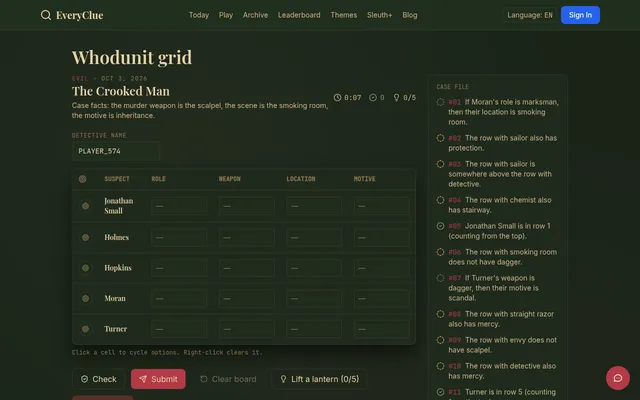 EveryClue's Whodunit grid for Oct 3, 2026, The Crooked Man: a grid of five suspects with role, weapon, location and motive columns beside a case file of numbered clues