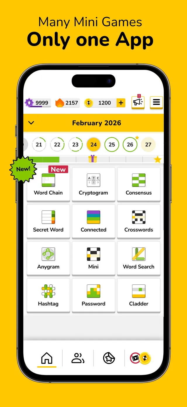 Everyday Puzzles home screen with a February 2026 date strip and tiles for Word Chain, Cryptogram, Consensus, Secret Word, Connected, Crosswords, Anygram, Mini, Word Search, Hashtag, Password and Clad