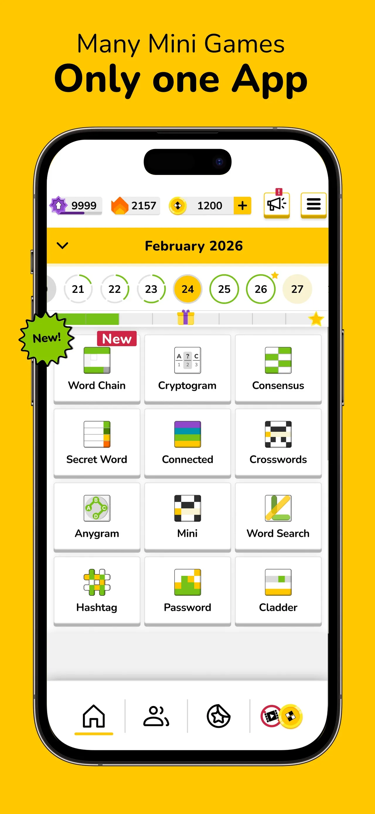 Everyday Puzzles home screen with a February 2026 date strip and tiles for Word Chain, Cryptogram, Consensus, Secret Word, Connected, Crosswords, Anygram, Mini, Word Search, Hashtag, Password and Clad