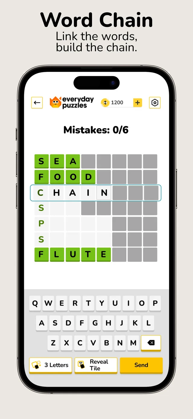 Everyday Puzzles' Word Chain in play (App Store screenshot): a letter grid chaining SEA, FOOD, CHAIN, SPS and FLUTE with Mistakes 0/6, above a keyboard