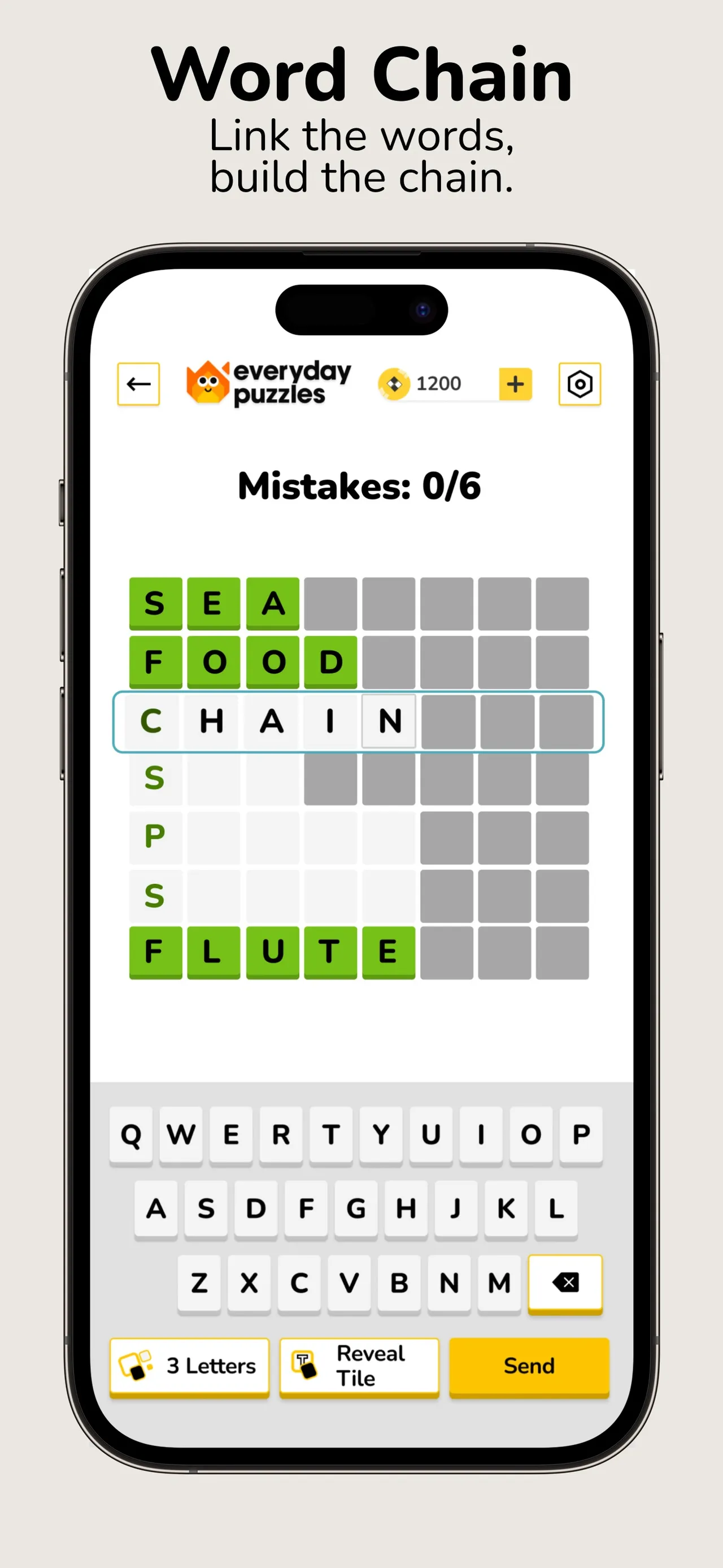 Everyday Puzzles' Word Chain in play (App Store screenshot): a letter grid chaining SEA, FOOD, CHAIN, SPS and FLUTE with Mistakes 0/6, above a keyboard