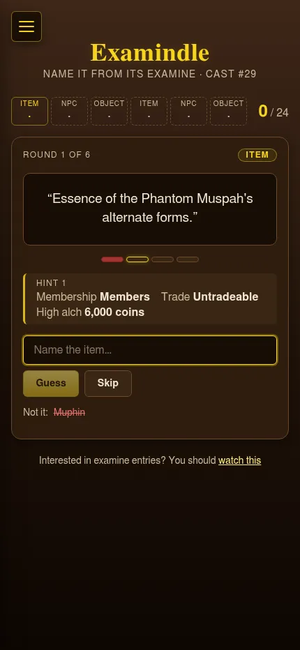 Examindle cast 29 at phone size: the six round tabs, the examine text, the first hint and the guess box with Guess and Skip buttons
