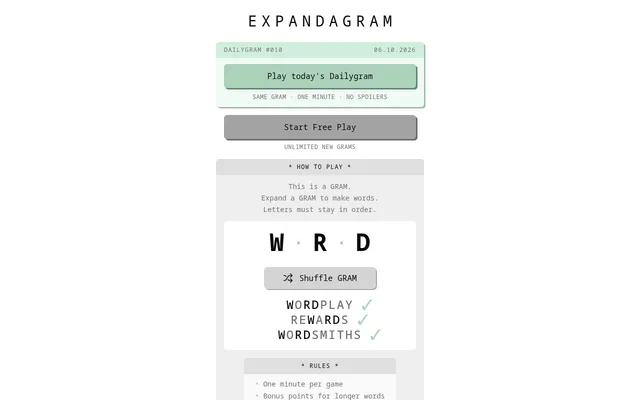 The Expandagram home page with Dailygram #010 for 06.10.2026, a Play today's Dailygram button and the example GRAM W R D expanded into WORDPLAY, REWARDS and WORDSMITHS