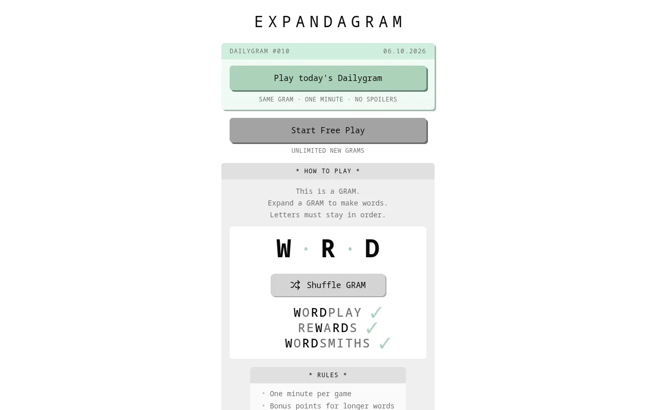 The Expandagram home page with Dailygram #010 for 06.10.2026, a Play today's Dailygram button and the example GRAM W R D expanded into WORDPLAY, REWARDS and WORDSMITHS