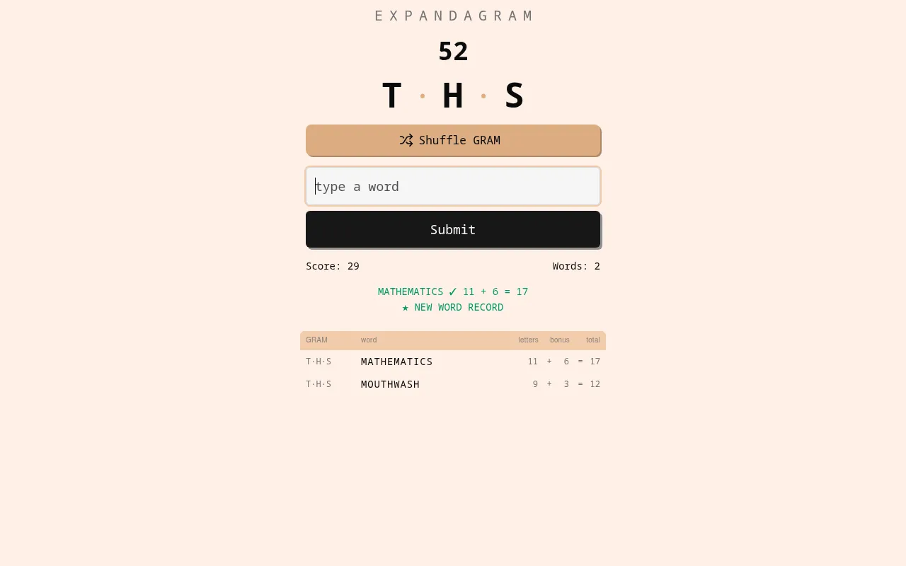 Expandagram's Dailygram #022 board at desktop size: the GRAM T H S, 52 seconds left, and MATHEMATICS and MOUTHWASH accepted for a score of 29