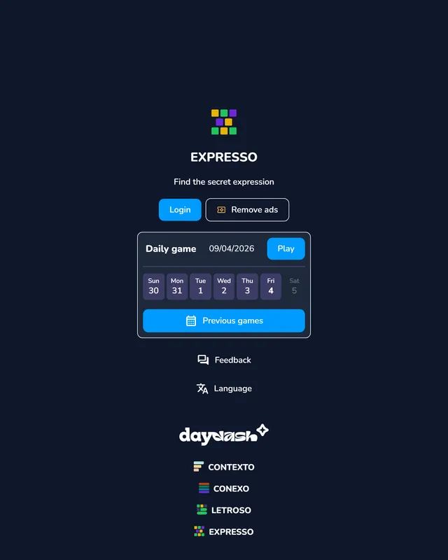 Expresso's home screen: the daily game for the date with a week of past days and a Previous games button