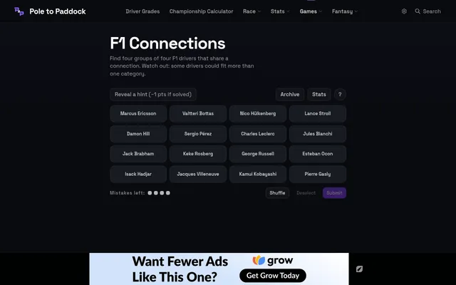 Today's F1 Connections board at desktop size: 16 Formula 1 driver tiles from Marcus Ericsson to Pierre Gasly, with hint, Archive, Stats, Shuffle and Submit, four mistakes left