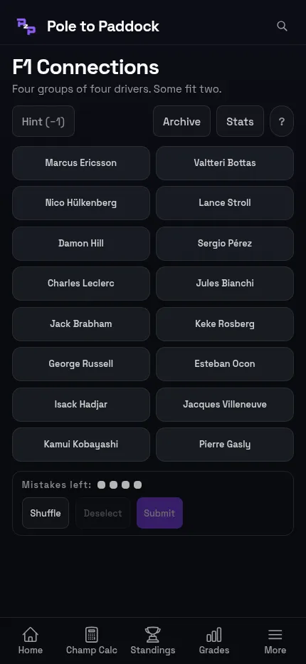 The same F1 Connections board at phone size, its 16 driver tiles in two columns above the Shuffle and Submit buttons