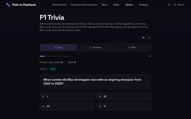 F1 Trivia's Daily mode on 21 October 2026, question 1 of 5: an easy History question on the number Max Verstappen raced with as champion, four answer choices and the perfect-day streak