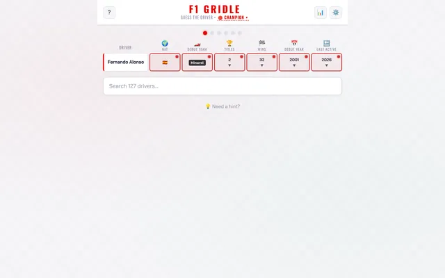 An F1 Gridle board in Champion mode after one guess, Fernando Alonso, with red clue boxes and arrows for nationality, debut team, titles, wins, debut year and last active season