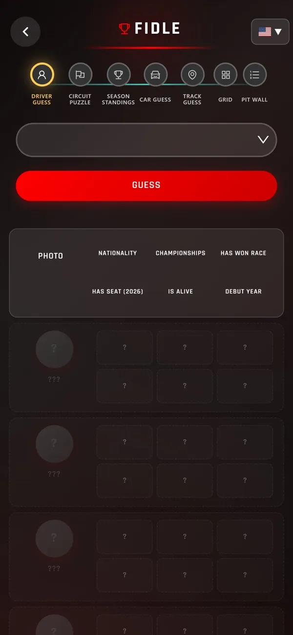 Driver Guess screen with clue columns for nationality, championships, race wins, 2026 seat, alive and debut year