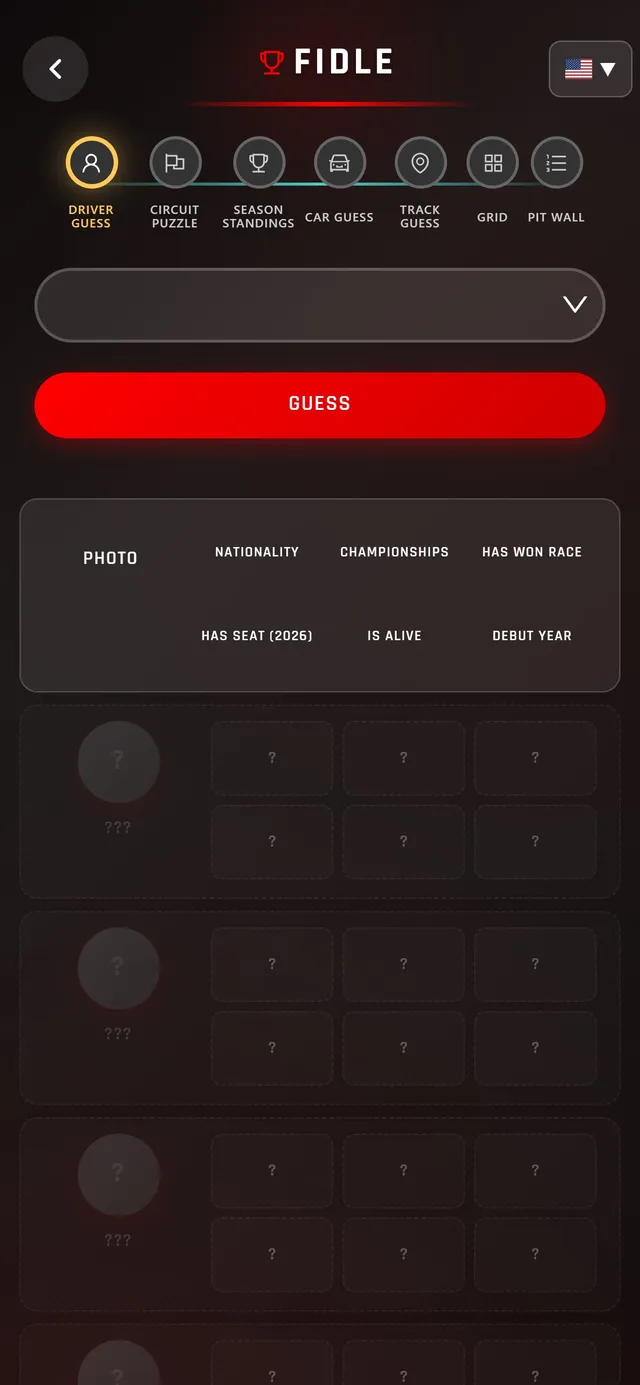 Driver Guess screen with clue columns for nationality, championships, race wins, 2026 seat, alive and debut year