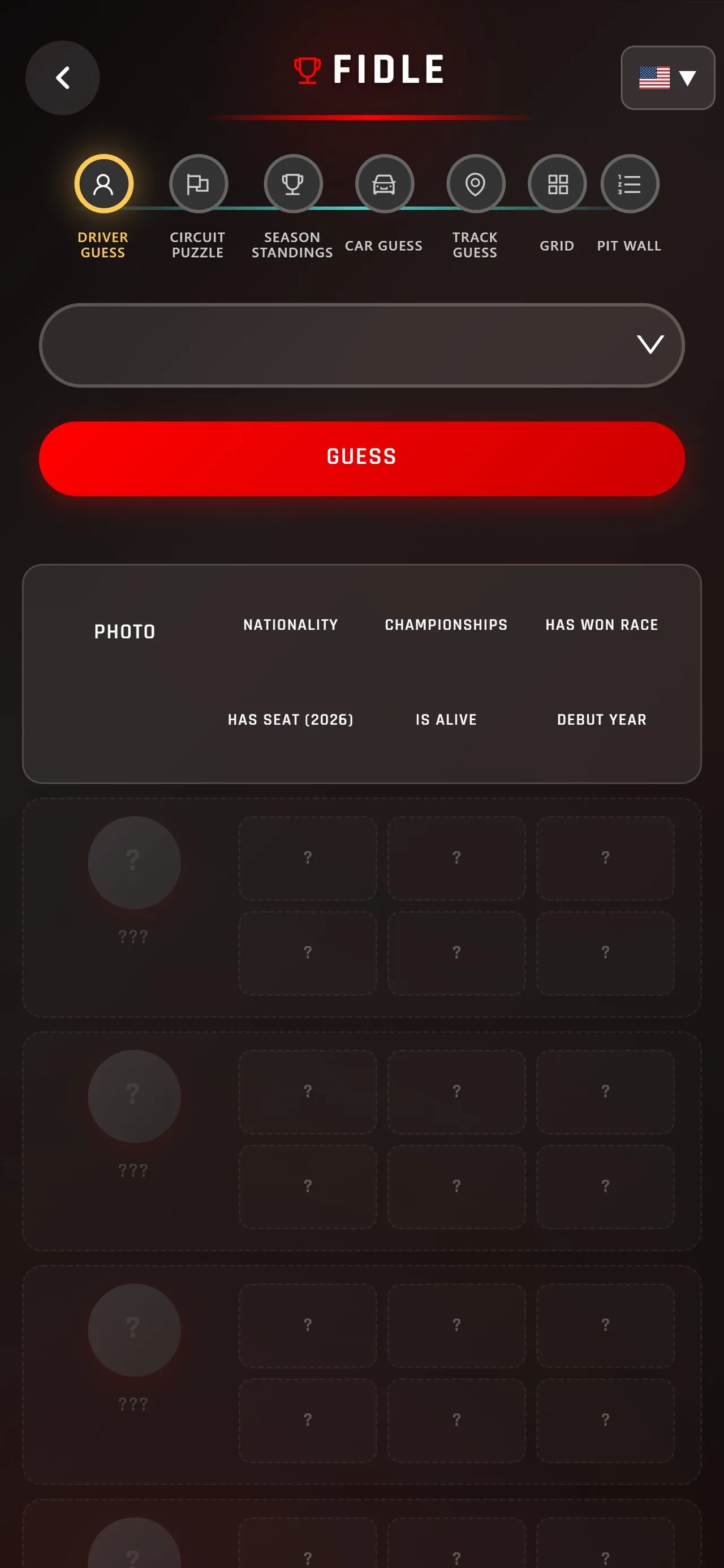 Driver Guess screen with clue columns for nationality, championships, race wins, 2026 seat, alive and debut year