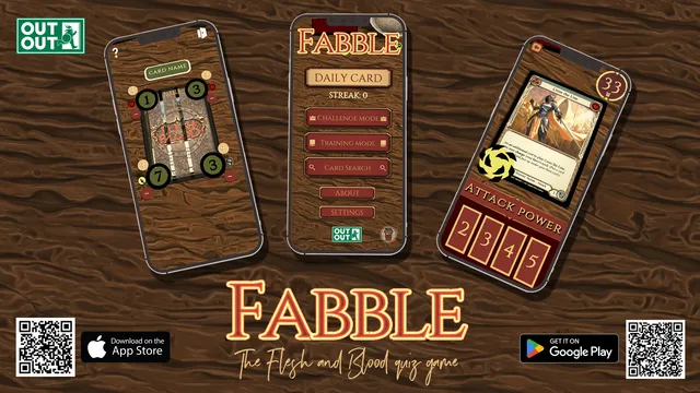 Fabble promotional art: three phone screens showing a card-guessing board, the main menu with Daily Card, Challenge Mode and Training Mode, and a Flesh and Blood card with attack power choices