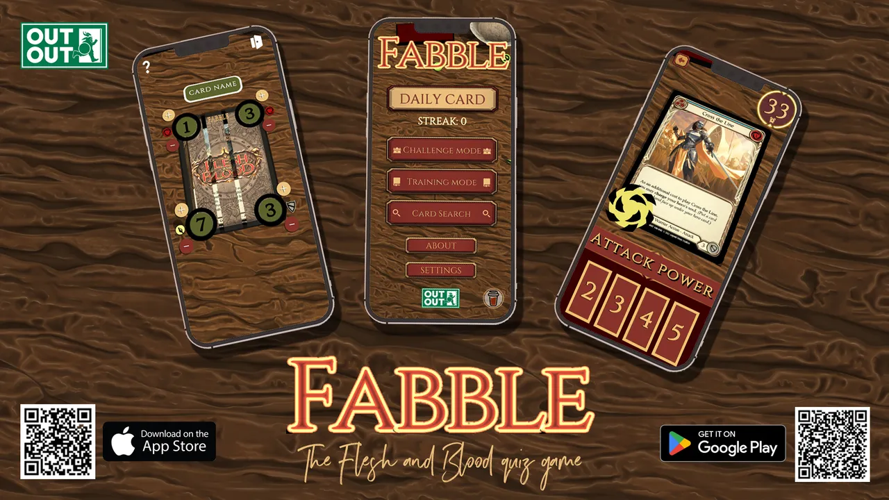 Fabble promotional art: three phone screens showing a card-guessing board, the main menu with Daily Card, Challenge Mode and Training Mode, and a Flesh and Blood card with attack power choices