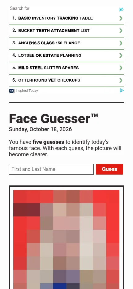 Face Guesser on a phone for 18 October 2026: the dated title, the name box and Guess button above the day's pixelated photo, with an ad above