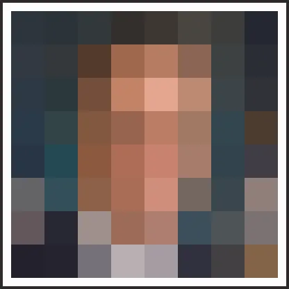 The Face Guesser board for 6 October 2026 at its first stage: the day's famous face pixelated into an eight by eight grid of coloured squares