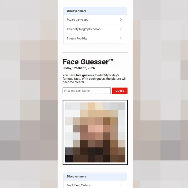 Face Guesser for Friday, October 2, 2026: a pixelated portrait with a name box and Guess button