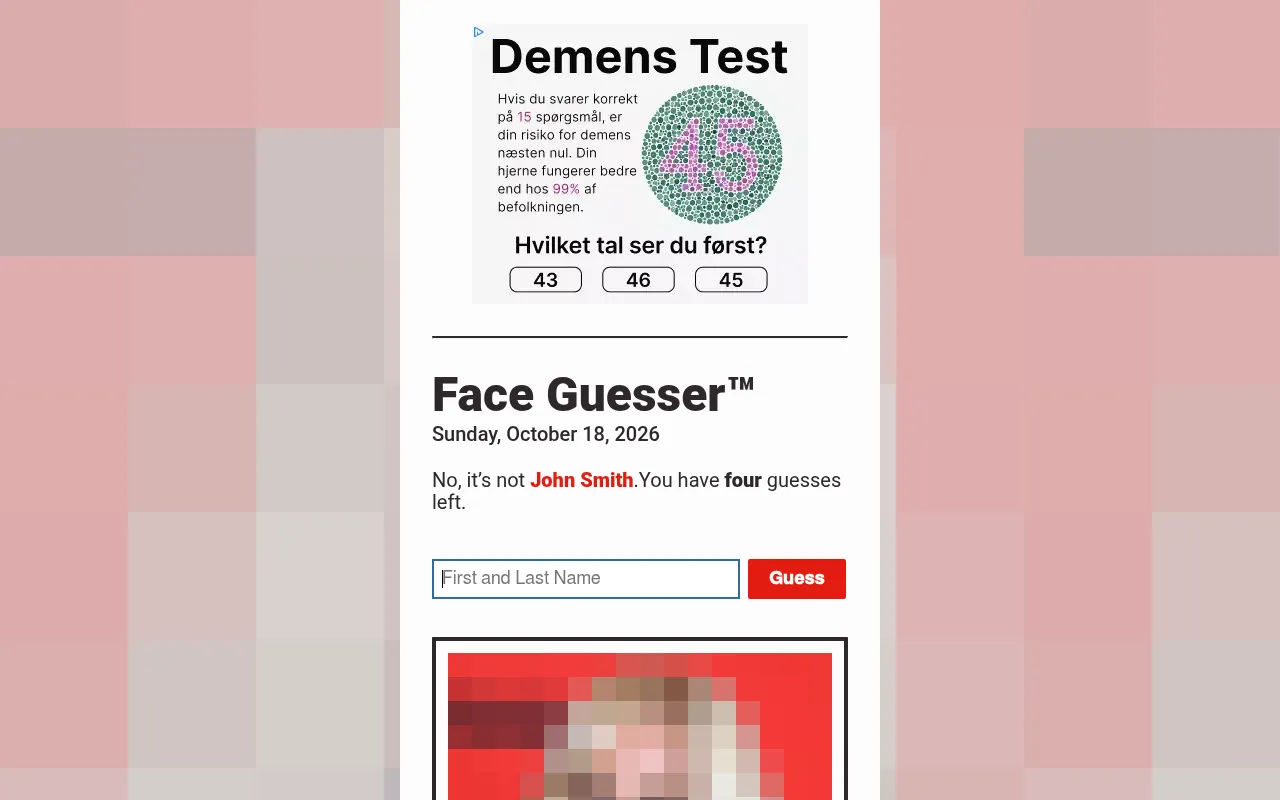 Face Guesser on a desktop for 18 October 2026: the name box after a wrong guess, four guesses left, above the pixelated photo, with an ad at the top
