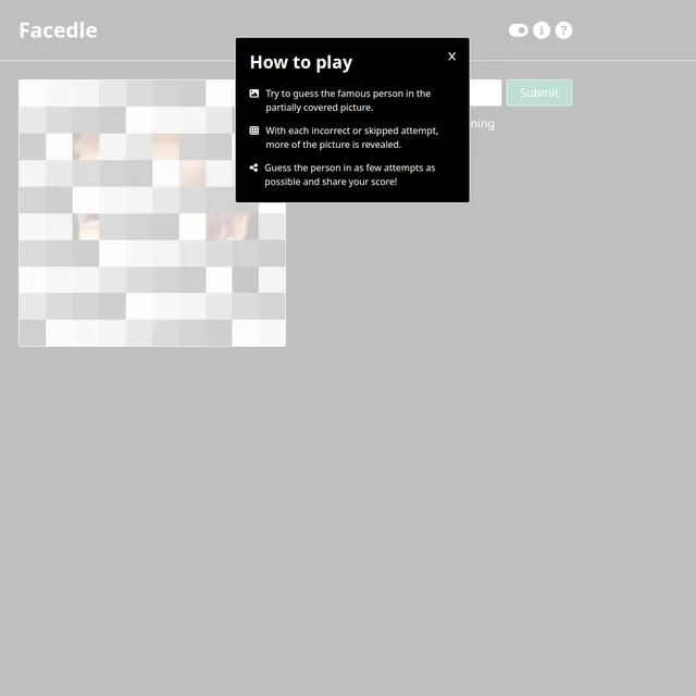Facedle board: a photo mostly hidden under grey tiles, with the How to play panel