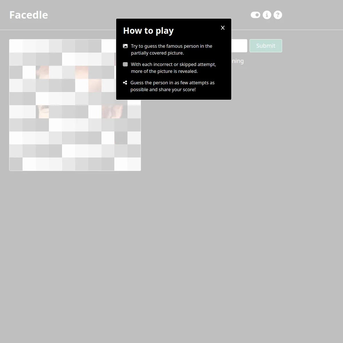 Facedle board: a photo mostly hidden under grey tiles, with the How to play panel