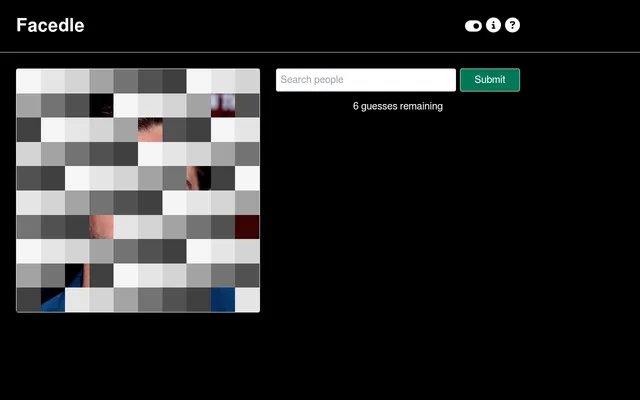 Facedle board: the day's photo hidden under a ten-by-ten grid of grey tiles with a few squares revealed, a Search people box and 6 guesses remaining