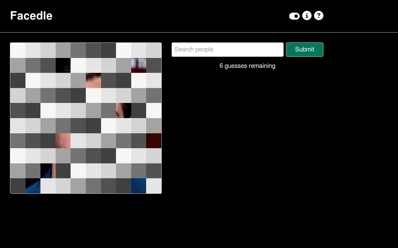 Facedle board: the day's photo hidden under a ten-by-ten grid of grey tiles with a few squares revealed, a Search people box and 6 guesses remaining