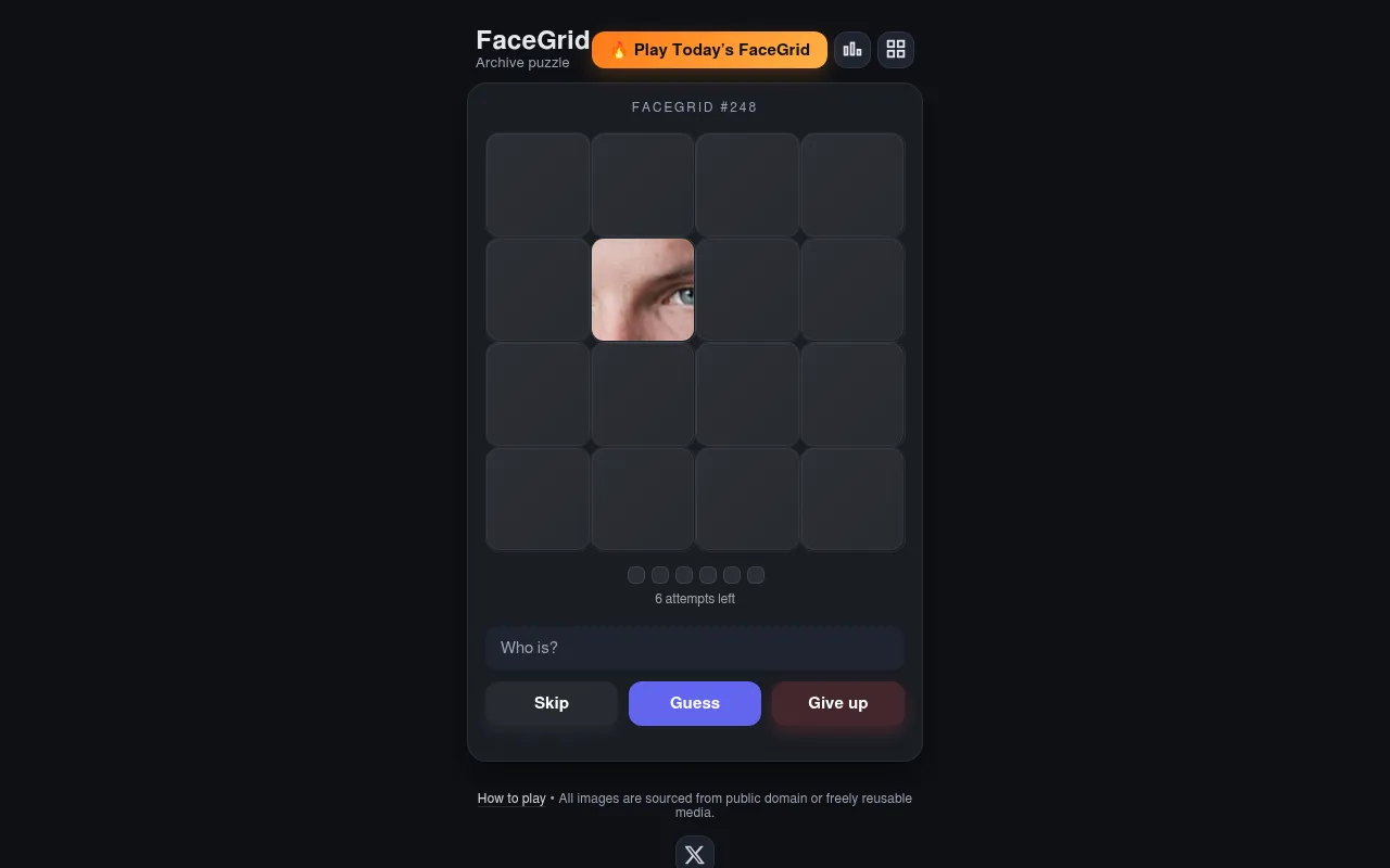 FaceGrid #248 on a desktop: a 4x4 grid of dark tiles with one tile turned to show part of a face and an eye, six attempts left and Skip, Guess and Give up buttons