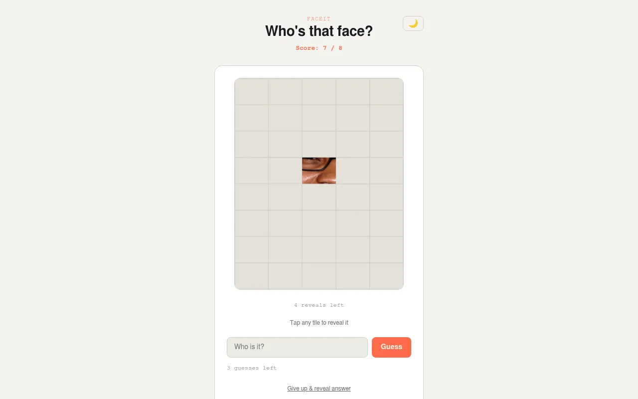 Faceit board: a five by eight grid of covered tiles with one tile uncovered showing part of a face, and a Who is it guess box